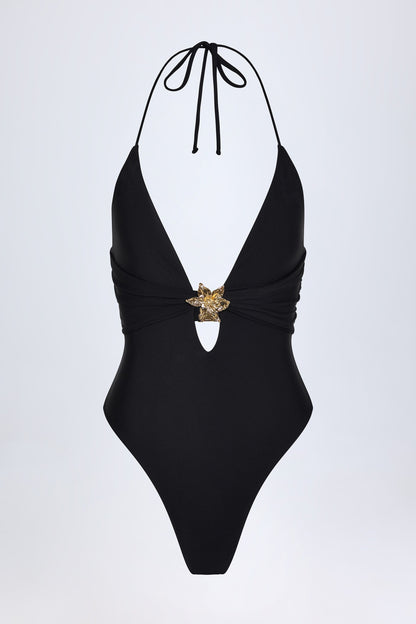 Cut-Out Hardware-Detail Swimsuit in Black