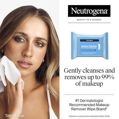 Neutrogena Makeup Remover Wipes, Ultra-Soft Cleansing Facial Towelettes for Waterproof Makeup, Alcohol-Free, Plant-Based, 50 Count (2 Packs of 25)