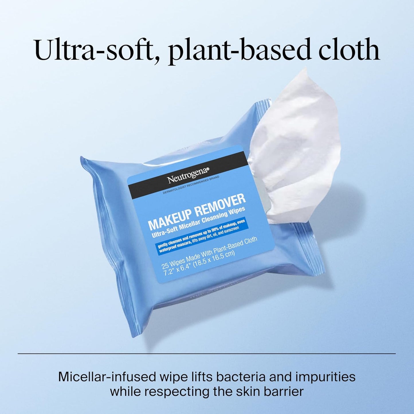 Neutrogena Makeup Remover Wipes, Ultra-Soft Cleansing Facial Towelettes for Waterproof Makeup, Alcohol-Free, Plant-Based, 50 Count (2 Packs of 25)