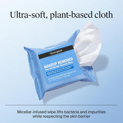 Neutrogena Makeup Remover Wipes, Ultra-Soft Cleansing Facial Towelettes for Waterproof Makeup, Alcohol-Free, Plant-Based, 50 Count (2 Packs of 25)